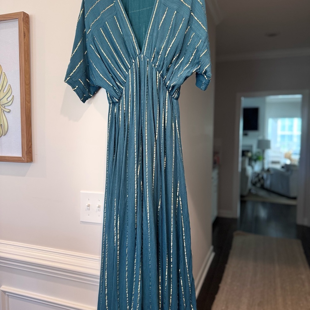 Teal Midi Dress with Gold Accents